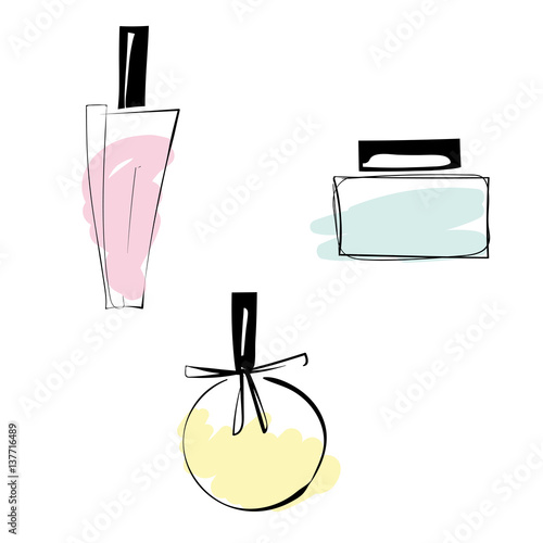 Vector sketch illustration of trendy perfume bottles. Different fruity aroma. For card design, print, poster, invitaion