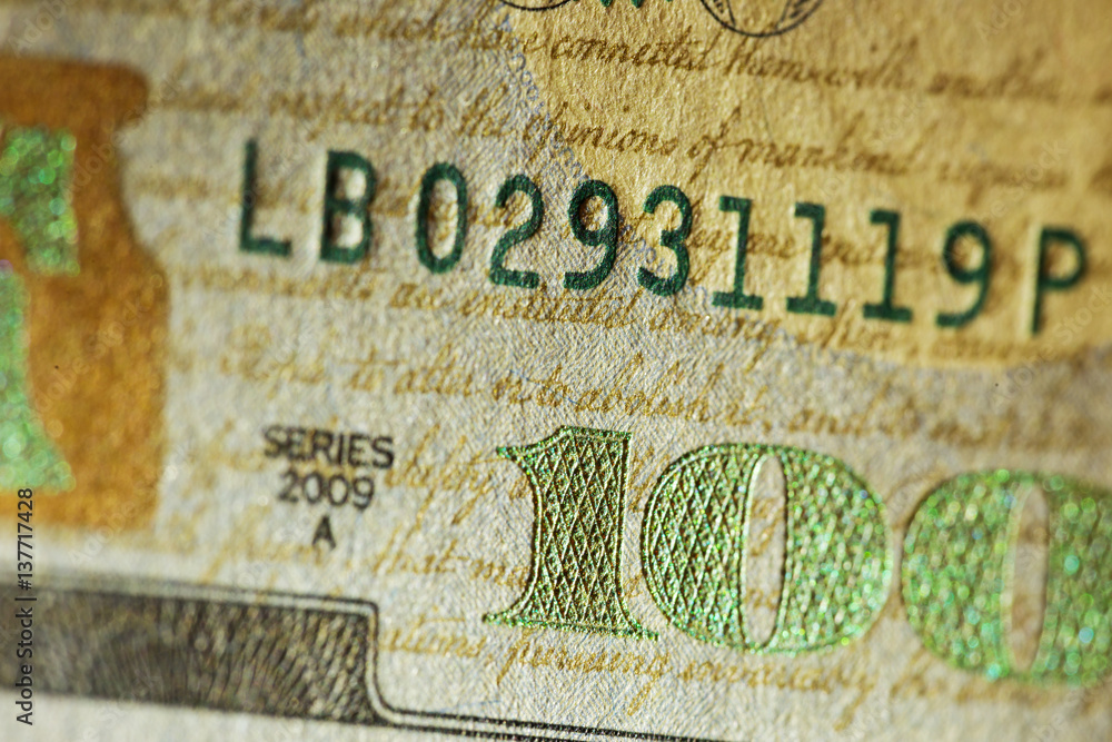 Close up of 100 dollar money bill. Art shooting.