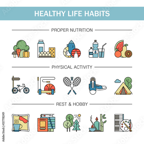Healthy lifestyle habits colorful line vector icons isolated. Proper nutrition fruit vegetables water seafood. Physical activity sport outdoor exercise fitness. Rest and hobby sleep reading spa.