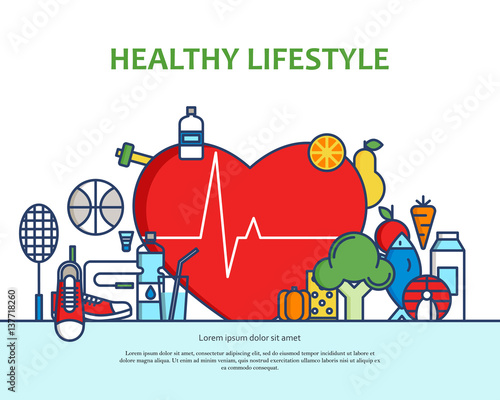 Healthy lifestyle concept with food and sport icons. Natural life vector background with heart shape. Phisycal activity banner for website or magazne. Header, poster, flyer backdrop. Cartoon design.