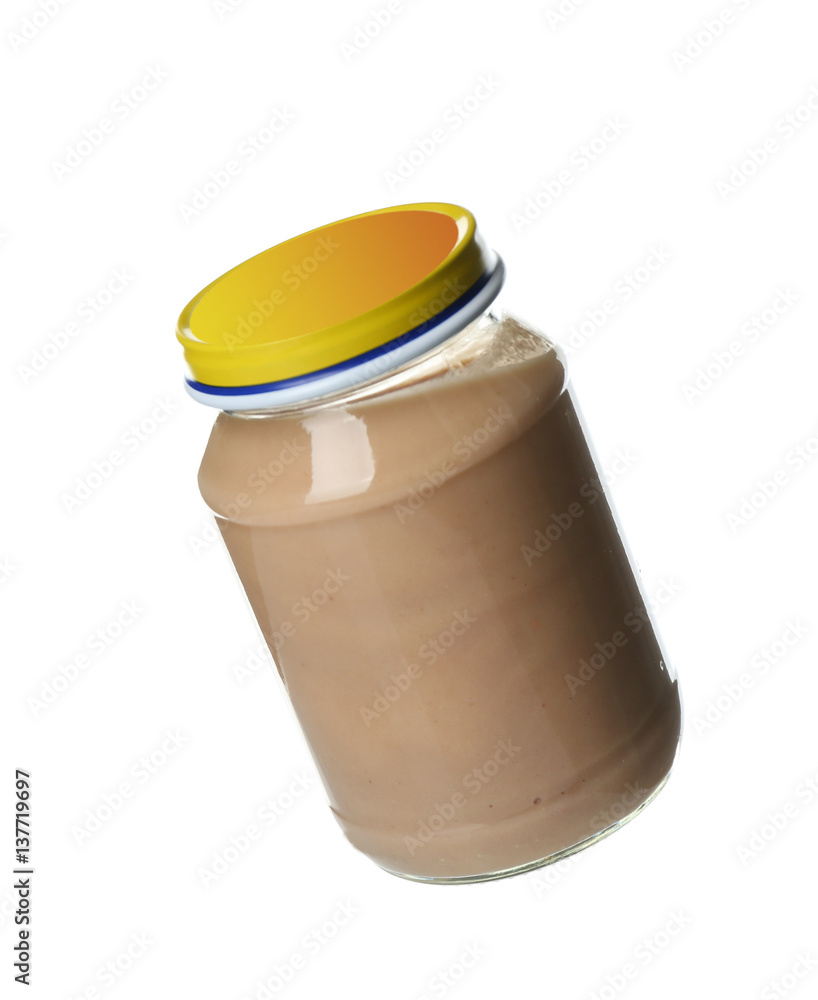 Baby puree in glass jar isolated on white Baby puree in glass jar isolated on white