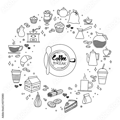 Coffee and cake time doodles hand drawn sketchy vector icon symbols objects