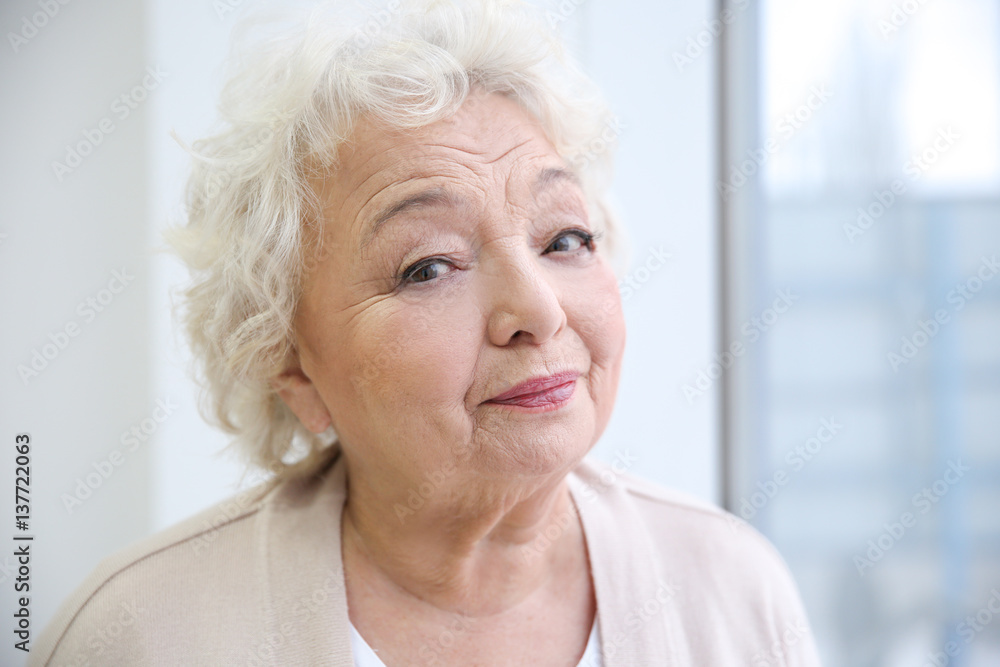 Elderly woman's portrait in light room