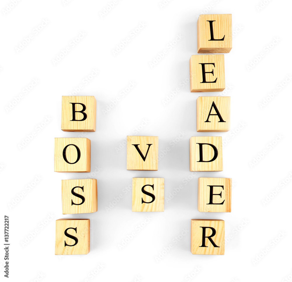 Towers of wooden cubes with text BOSS VS LEADER isolated on white Towers of wooden cubes with text BOSS VS LEADER isolated on white
