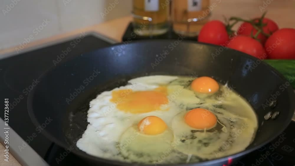 Fried Eggs In Frying Pan With Tomatoes Cucumber Vegetable Healthy Breakfast Fried Eggs In Frying Pan With Tomatoes Cucumber Vegetable Healthy Breakfast