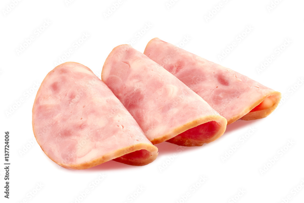 Three ham slices on white