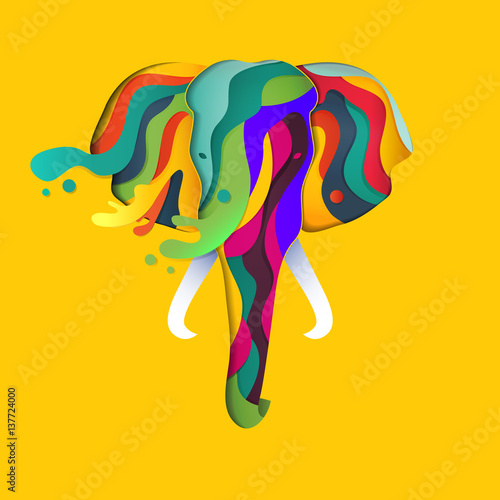 Vector elephant in paper cut style. Abstract geometric elephant with splashes of color.