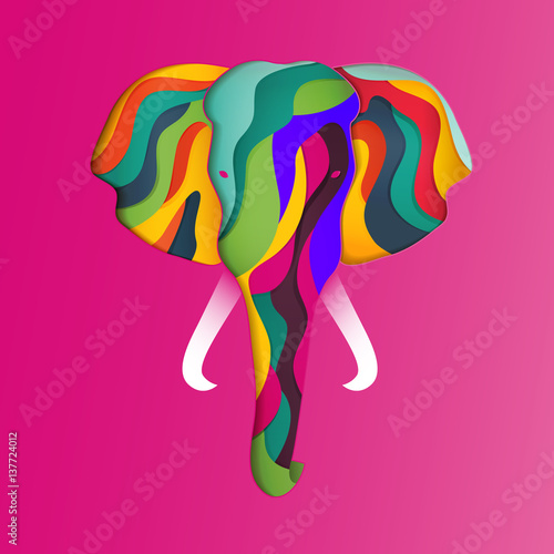 Vector elephant in paper cut style. Abstract geometric elephant with carve of color inside. Concept print for banner, shirt or poster.