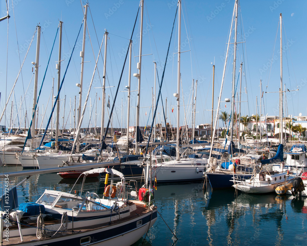 Yachts and boats moored at marina. Sailing Boats. Canary Islands