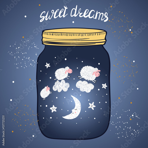 Sweet dreams vector illustration. Hand drawn jar with sleeping smiling moon and cute sheep. 