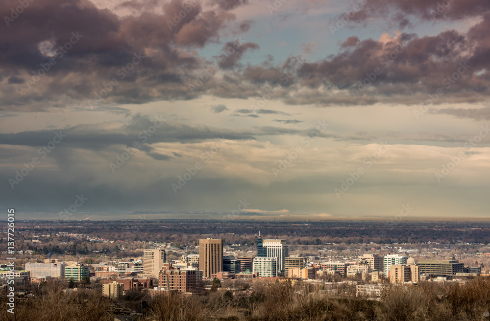Boise skyline on a winter morning wiith dramatic clouds