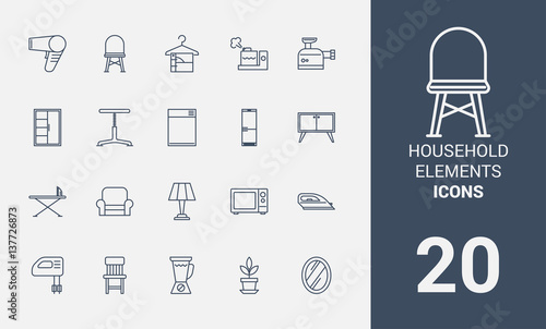 Household elements line icons set