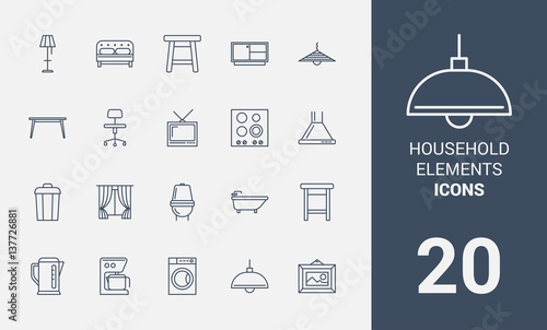 Household elements line icons set