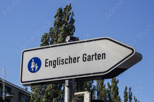 Street Sign directing to the English Garden in Munich, Germany, 2015