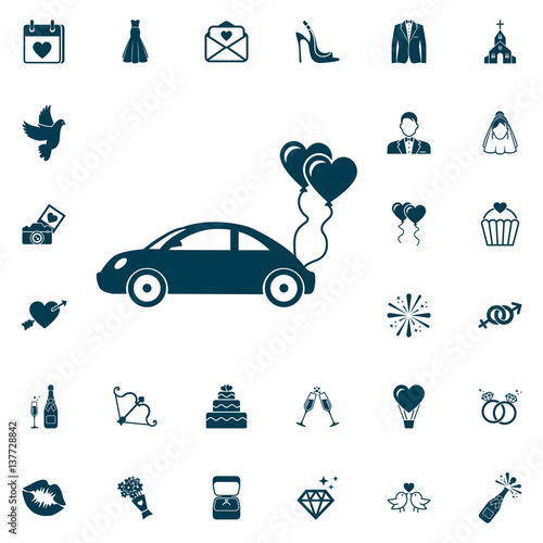 Just married car, with heart balloons, wedding set on white background.