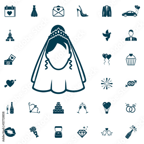 Woman in bridal veil icon, wedding set on white background.