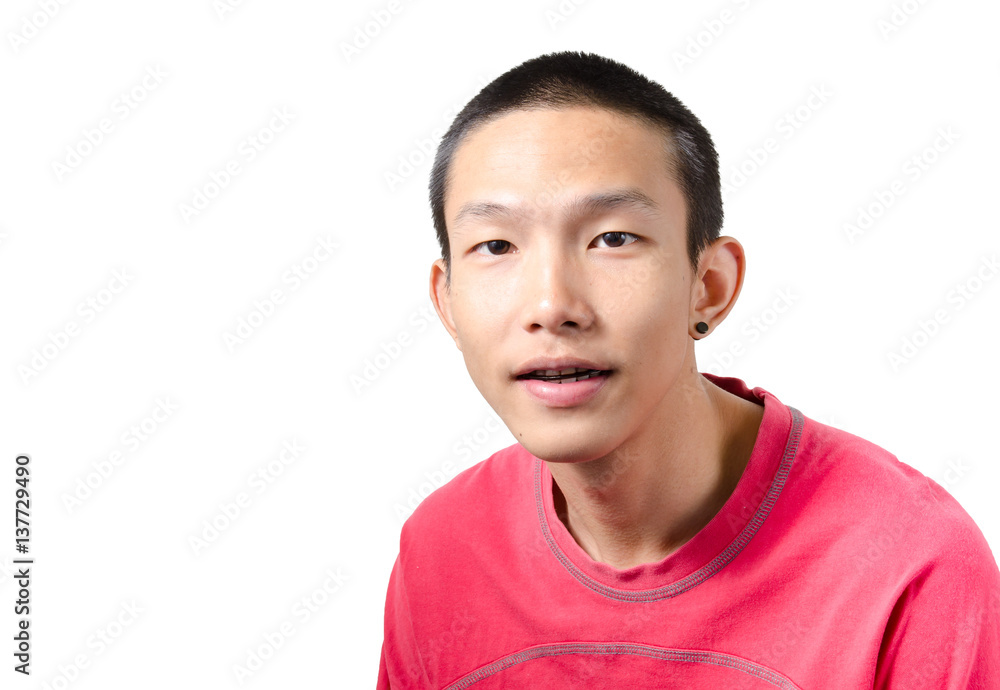 Portrait of a young Asian man wearing red t-shirt isolated on white Portrait of a young Asian man wearing red t-shirt isolated on white