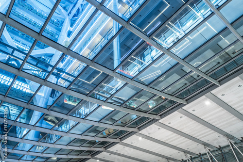 Directly Below Shot Of glass Skylight in a modern building.