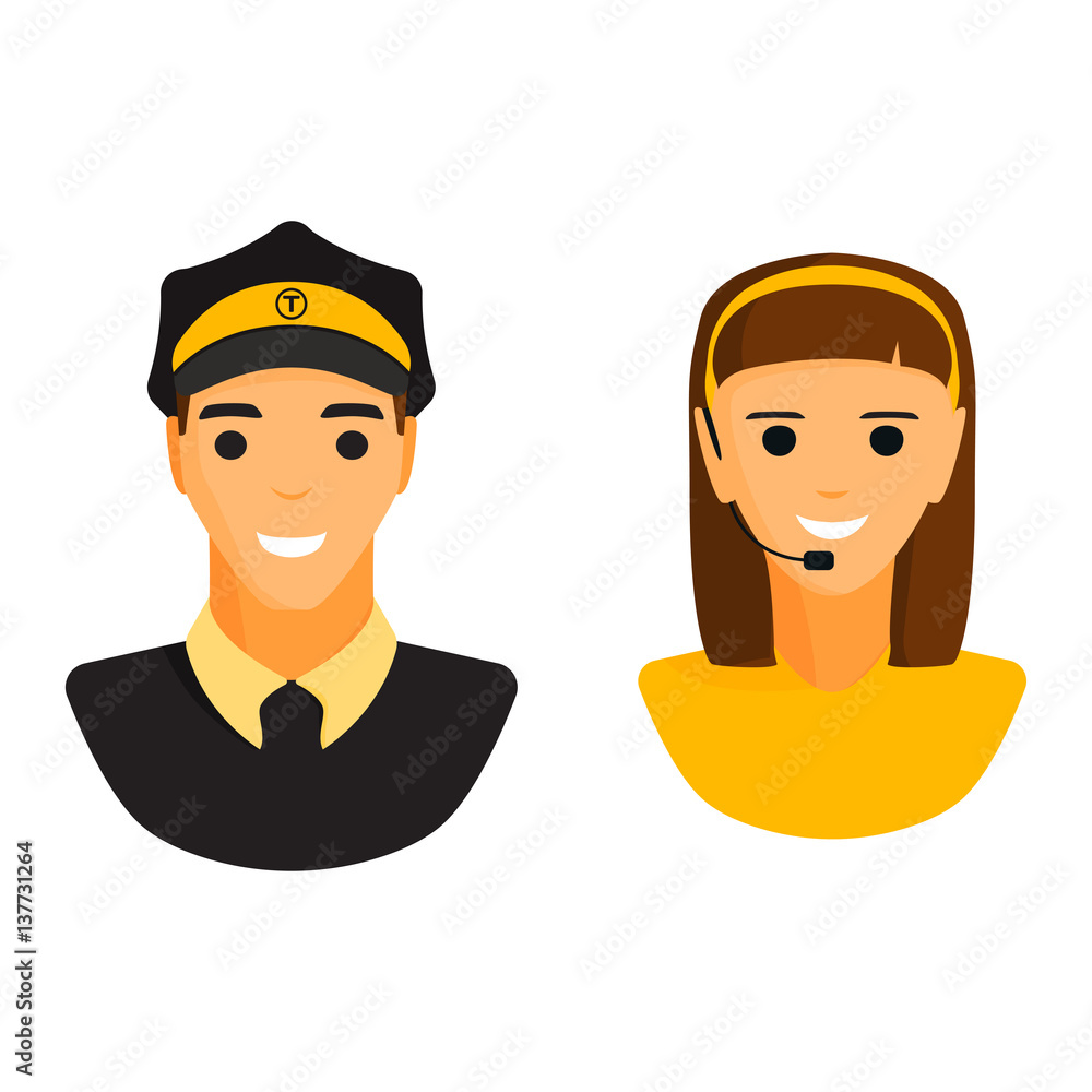 Naklejka premium Limo chauffeur taxi driver and dispatcher woman character vector.