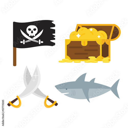 Treasures pirate adventures toy accessories icons vector set.