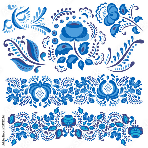 Vector illustration with gzhel floral motif in traditional Russian style isol...