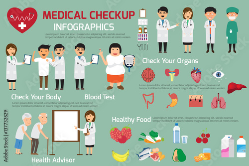 Doctor and medical set with patient in various pose for advertising or presentation. Health concept vector illustration.
