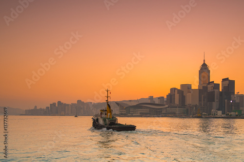 Photography Panorama morning view on Victoria Harbor, Hong Kong