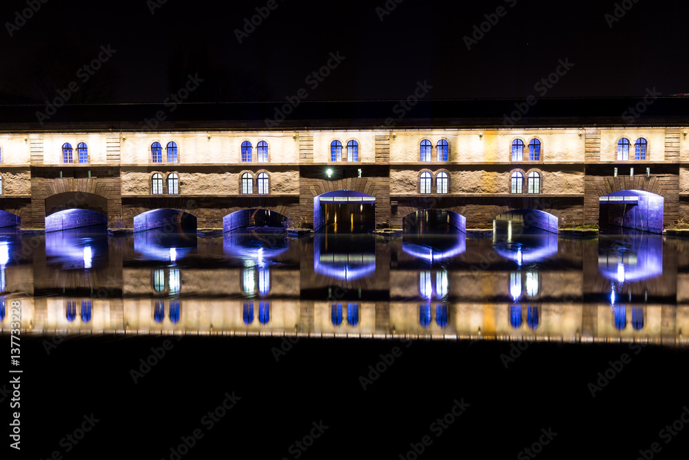 The Barrage Vauban, located in the Petite France district of Strasbourg, France on a winter night.