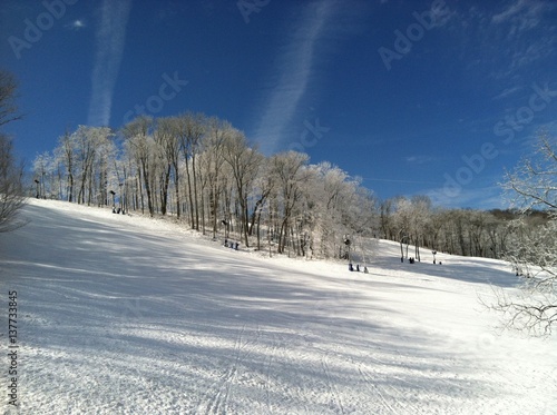 winter landscape with ski slope and trees covered in snow with clear sky in the background 