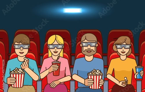People with popcorn watching movie in cinema. 3D films concept. Outline flat vector illustration