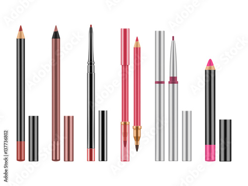 Collection of colorful lip liners. Set of realistic red, pink, nude pencils with caps for contour. Vector illustration with glamour decorative cosmetic isolated on white background.
