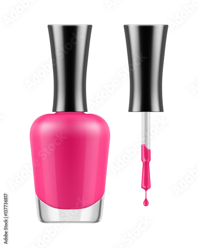 Shiny pink nail polish. Open transparent glass bottle with black cap and brush. Realistic container with cosmetic for glamour manicure. Vector icon, illustration isolated on white background
