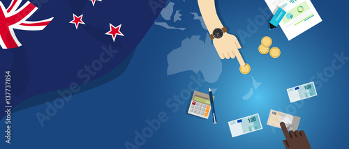 New Zealand economy fiscal money trade concept illustration of financial banking budget with flag map and currency