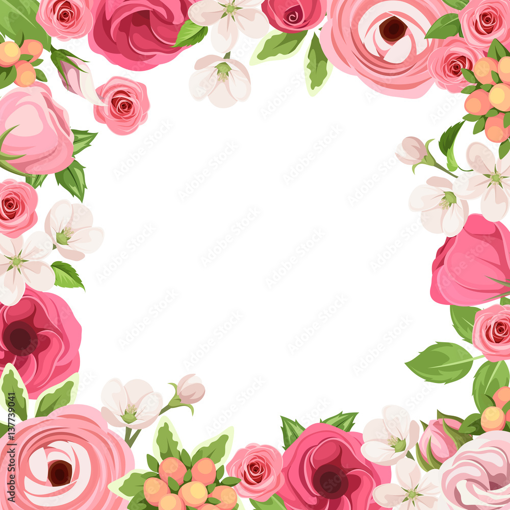 Vector background frame with red and pink roses, lisianthuses, ranunculus and apple flowers.