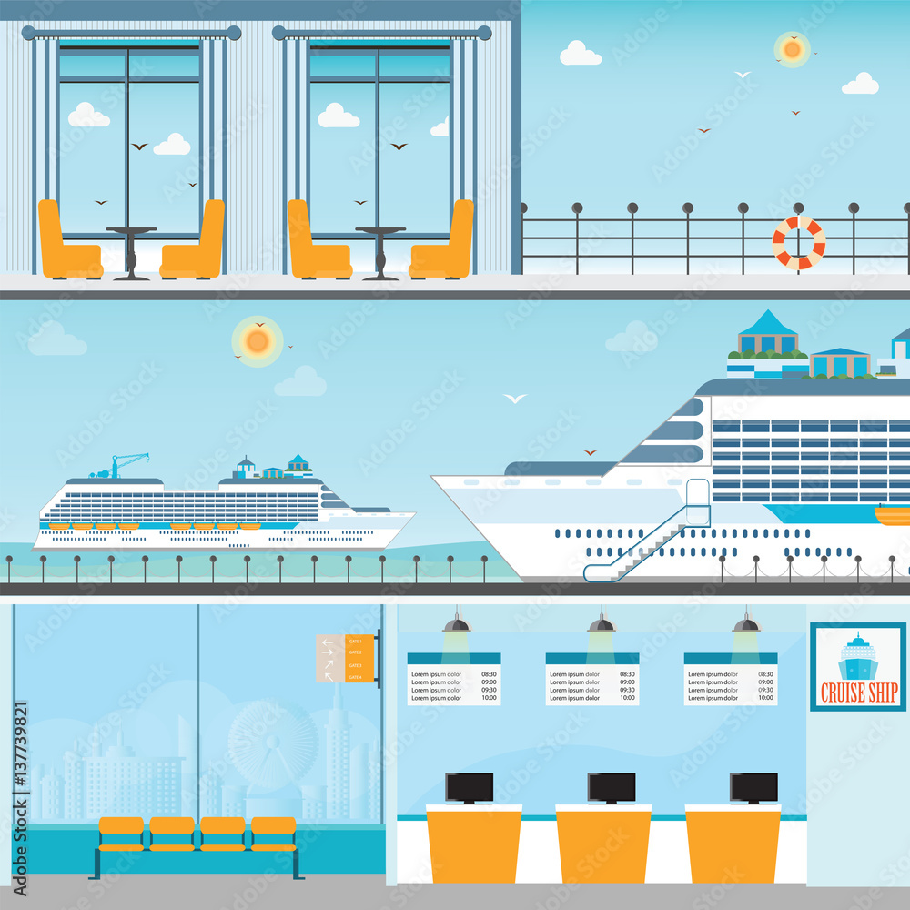 Info of Cruise ship terminal at sea port with moored transatlantic liner