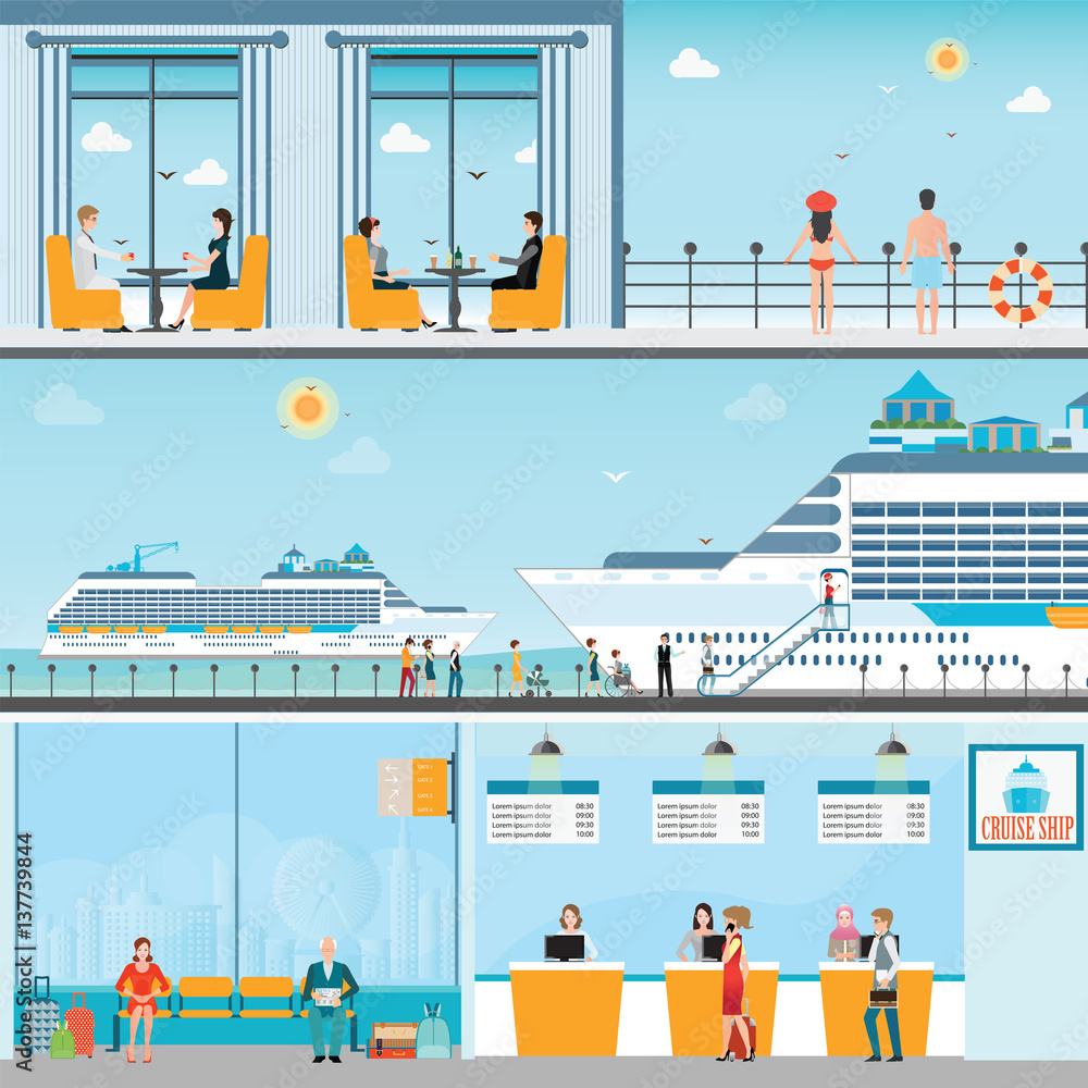 Info of Cruise ship terminal at sea port with moored transatlantic liner.