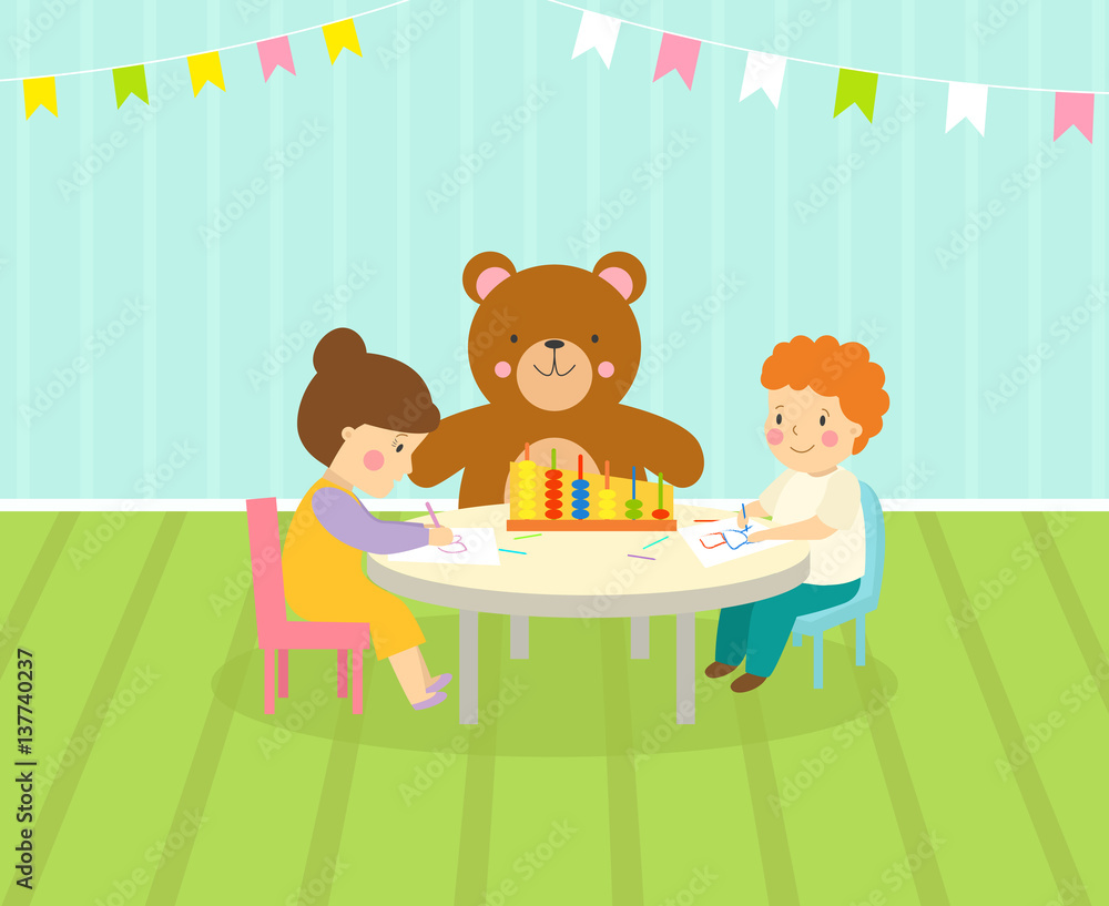 Kids playroom with light furniture decor playground and toys on the floor carpet decorating flat style cartoon comfortable interior vector illustration. Kids playroom with light furniture decor playground and toys on the floor carpet decorating flat style cartoon comfortable interior vector illustration.