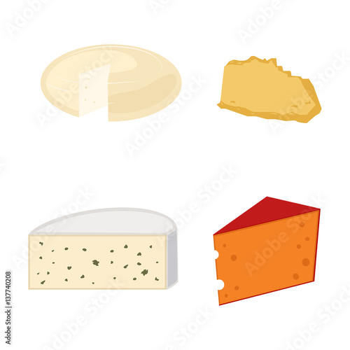 Delicious fresh cheese variety italian dinner icon flat dairy food and milk camembert piece different delicatessen gouda set isolated vector illustration.