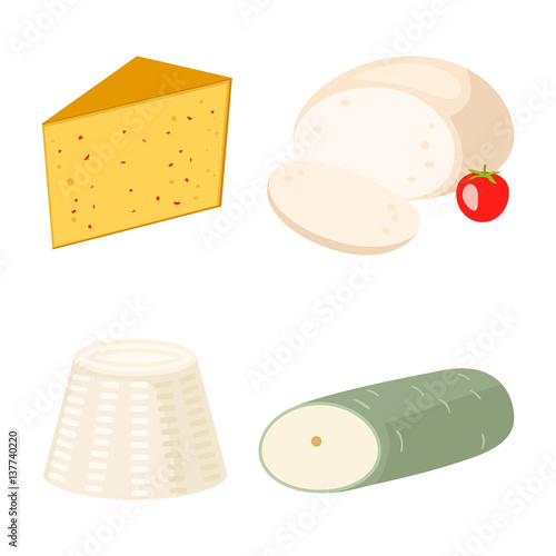 Delicious fresh cheese variety italian dinner icon flat dairy food and milk camembert piece different delicatessen gouda set isolated vector illustration.