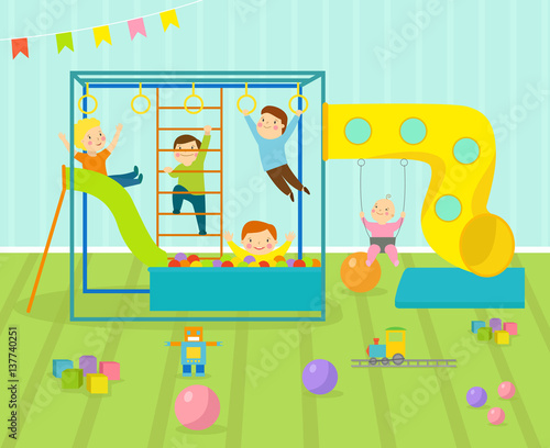 Kids playroom with light furniture decor playground and toys on the floor carpet decorating flat style cartoon comfortable interior vector illustration.