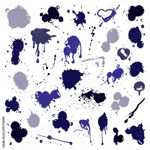 Vector set of ink splashes blots splatter collection grunge design element and art messy backdrop color dirty liquid shape spatter graphic silhouette illustration