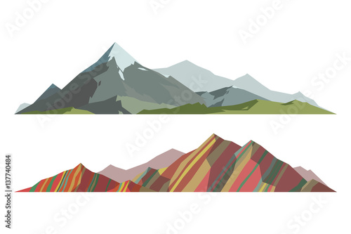 Mountain mature silhouette element outdoor icon snow ice tops and decorative isolated camping landscape travel climbing or hiking geology vector illustration.
