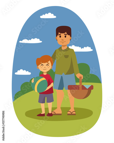 Picnic setting with fresh food hamper basket barbecue resting couple and summer meal party family people lunch garden character vector illustration.