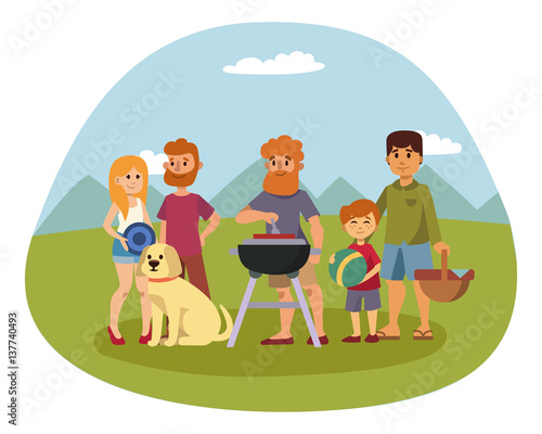 Picnic setting with fresh food hamper basket barbecue resting couple and summer meal party family people lunch garden character vector illustration.