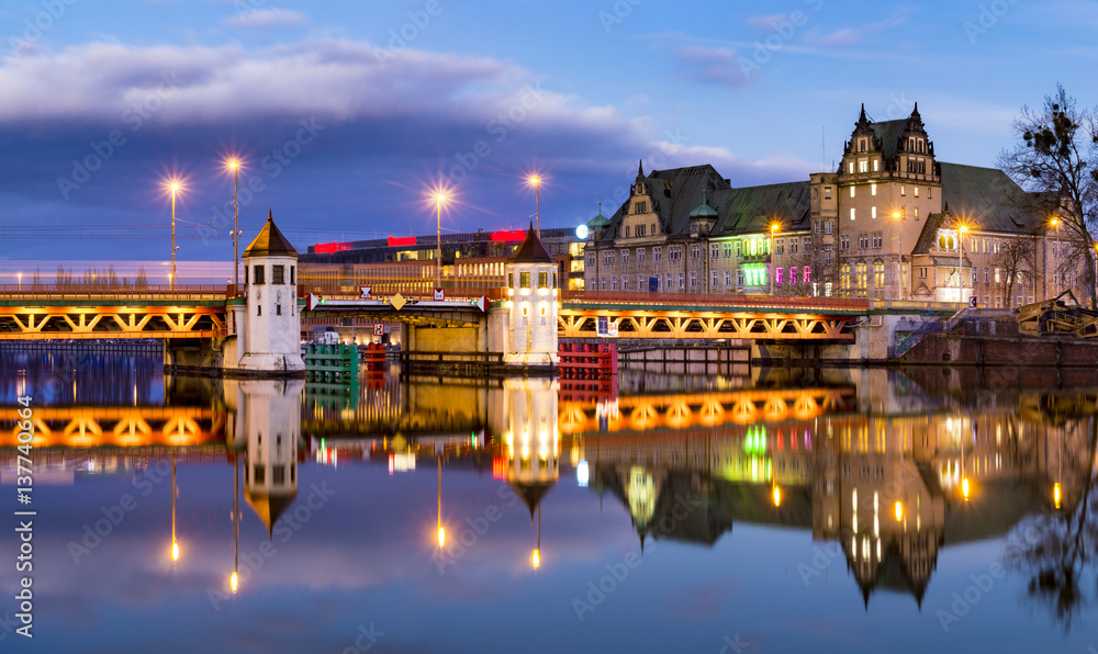 panorama of the historic district of Szczecin,night photography panorama of the historic district of Szczecin,night photography