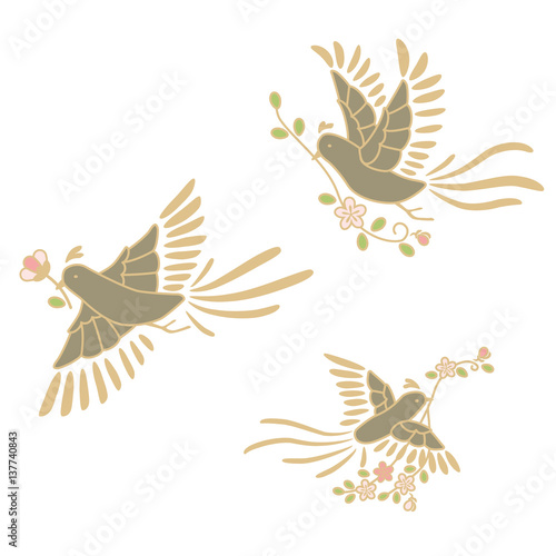 イラスト素材　花をくわえた鳥