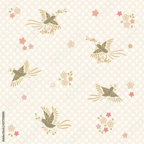 背景パターン　花をくわえた鳥