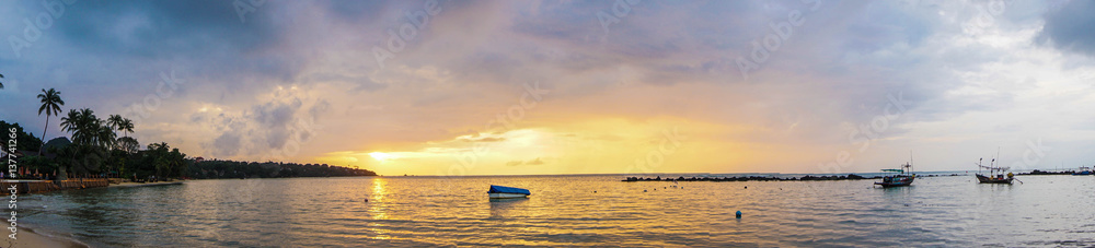 Panorama of Fisherman Boat Sailing at Sunrise on Samui island, Thailand