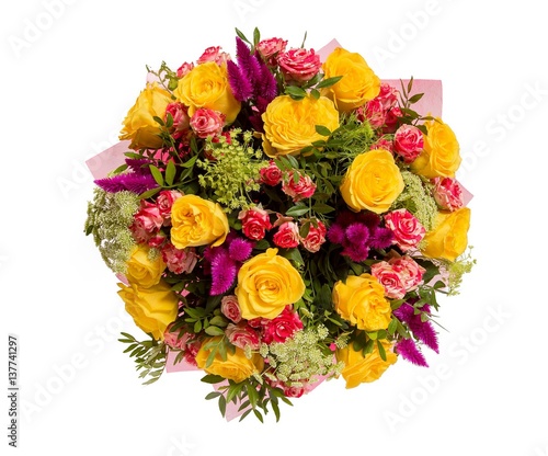 Bouquet of flowers top view on white background