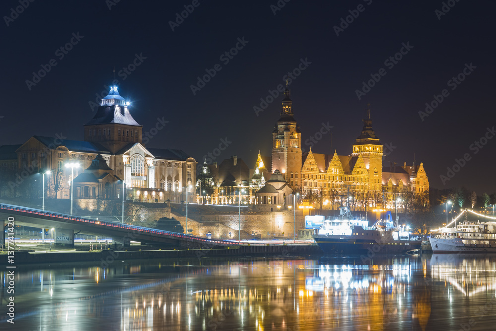 panorama of the historic district of Szczecin,night photography